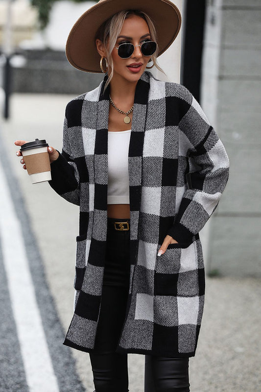 Plaid Dropped Shoulder Cardigan with Pocket Trendsi