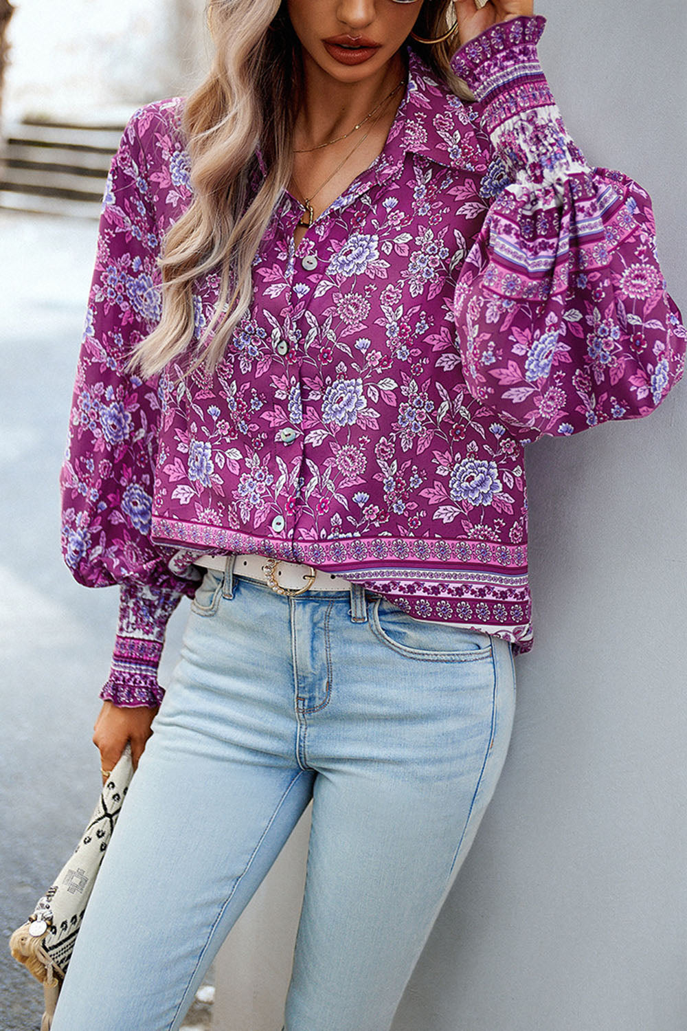 Printed Collared Neck Smocked Lantern Sleeve Shirt Trendsi