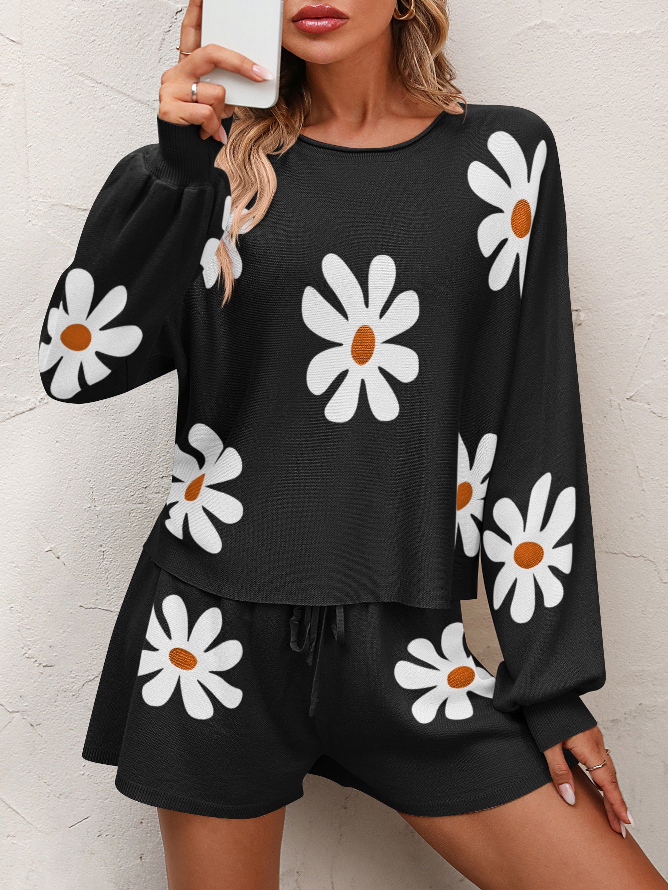 Floral Print Raglan Sleeve Knit Top and Tie Front Sweater Shorts Set Trendsi