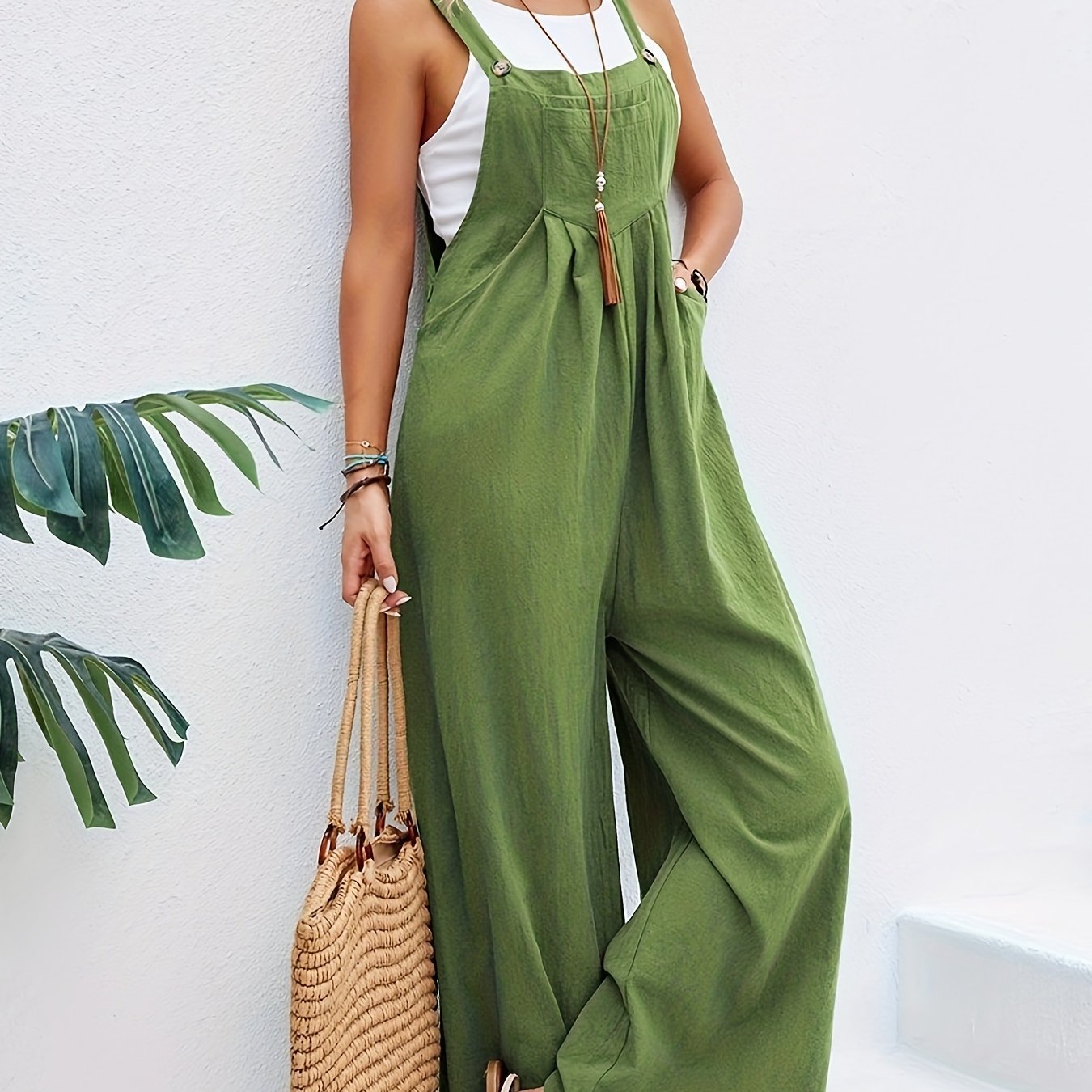 Boho Solid Sleeveless Long Length Jumpsuit, Casual Baggy Jumpsuit With Pockets, Women's Clothing - Temu ShopOnlyDeal