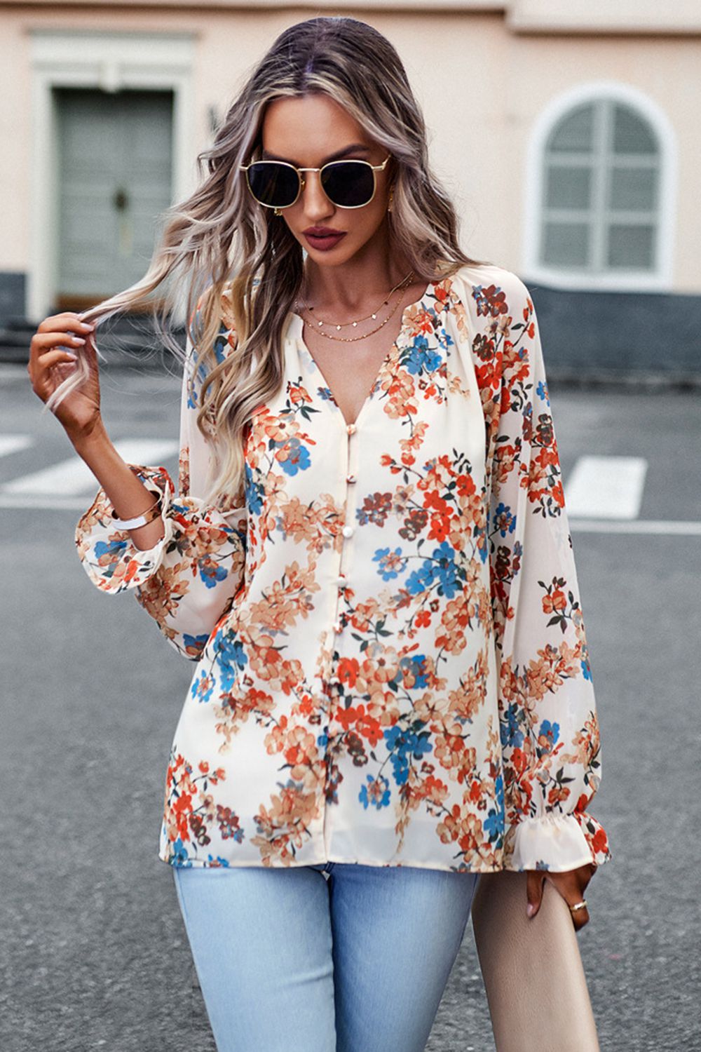 Floral Print Flounce Sleeve Blouse Trendsi