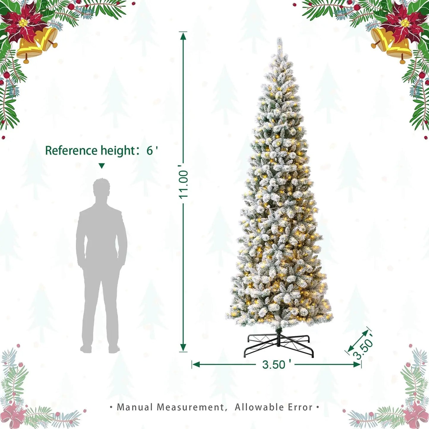 1ft Pre-Lit Flocked Pencil Green Pine Artificial Christmas Tree | 700 LED Lights | 9 Functional Warm White Settings | Elegant Holiday Decor ShopOnlyDeal