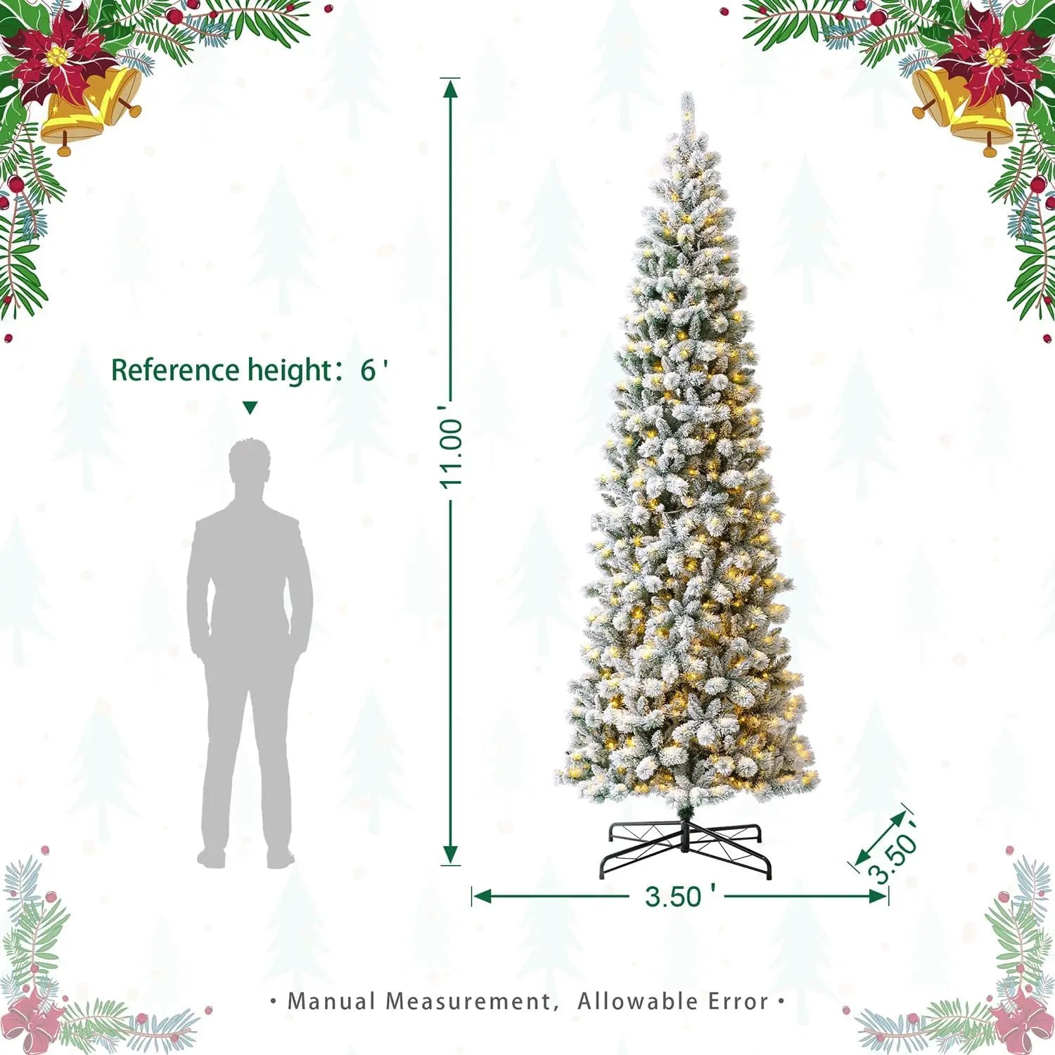 1ft Pre-Lit Flocked Pencil Green Pine Artificial Christmas Tree | 700 LED Lights | 9 Functional Warm White Settings | Elegant Holiday Decor ShopOnlyDeal