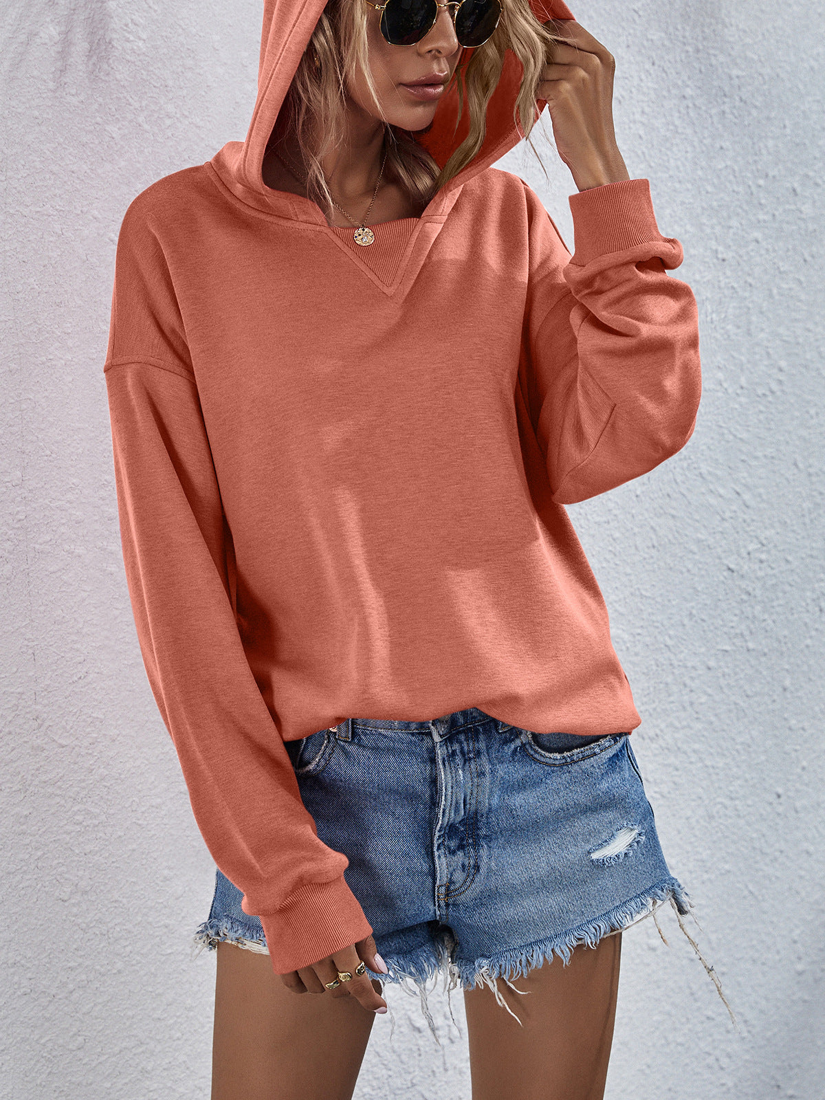 Dropped Shoulder Slit Hoodie Pink ShopOnlyDeal