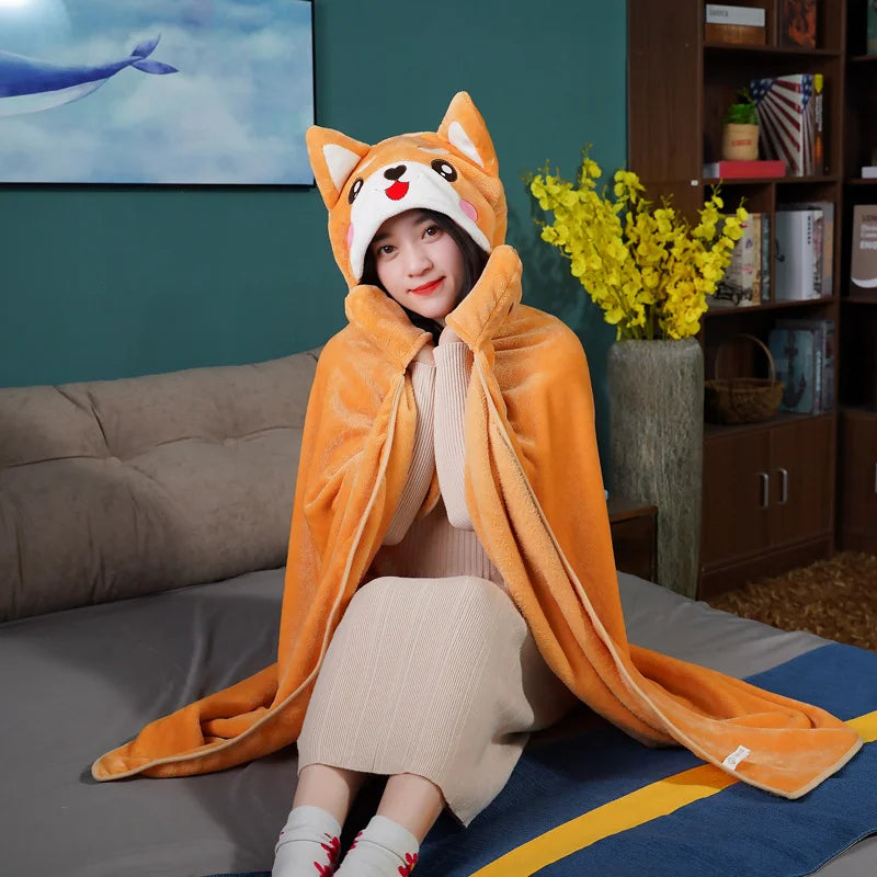 Shiba Inu Flannel 140/170cm Cartoon Dog  Plush Cloak Lovely Animal Blanket Flannel Fabric Shawl Warm Winter Gift for Baby Girl Xmas Toys ShopOnlyDeal