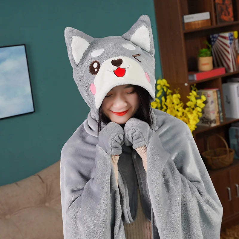 Shiba Inu Flannel 140/170cm Cartoon Dog  Plush Cloak Lovely Animal Blanket Flannel Fabric Shawl Warm Winter Gift for Baby Girl Xmas Toys ShopOnlyDeal