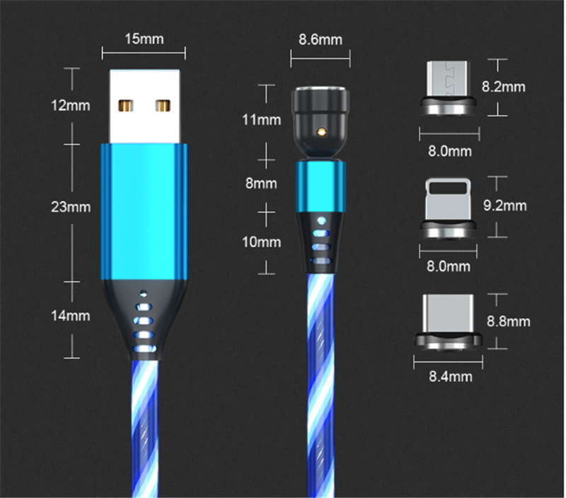 540 Rotate Luminous Magnetic Cable 3A Fast Charging Mobile Phone Charge Cable For LED Micro USB Type C For I Phone Cable ShopOnlyDeal