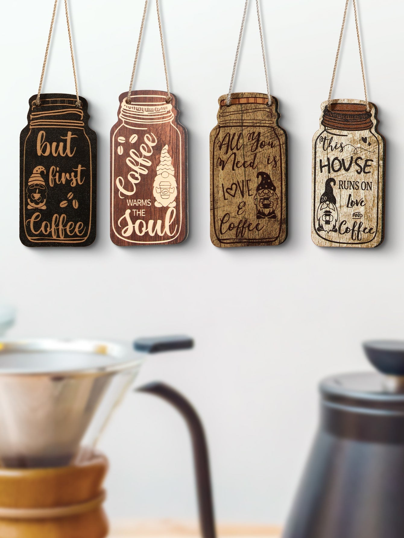 Coffee Hanging Signs 4pcs Gnome & Letter Graphic Wooden Wall Hanging ShopOnlyDeal