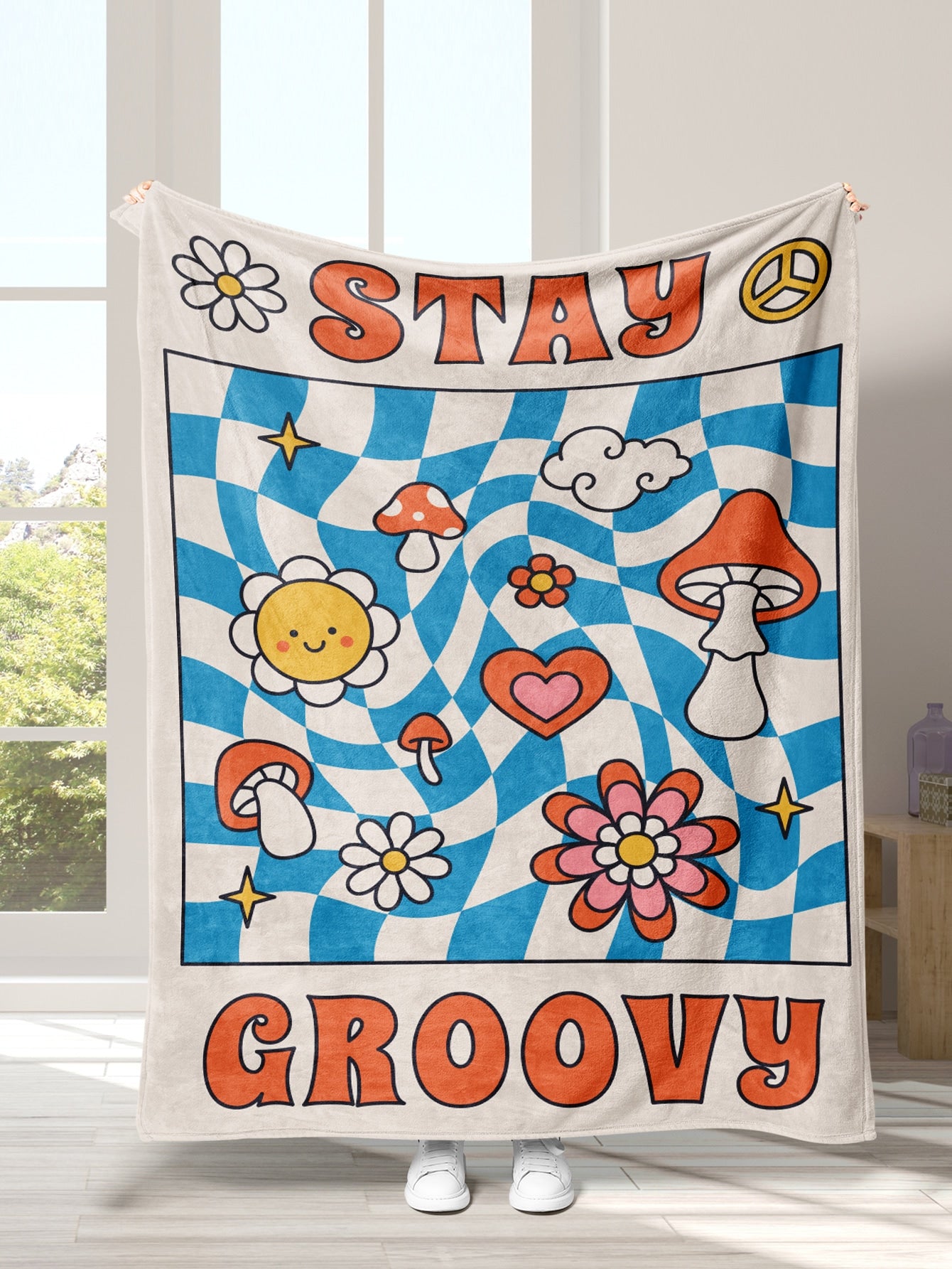 Stay Groovy Blanket Gift Flower & Mushroom Pattern Flannel Blanket Grove ShopOnlyDeal