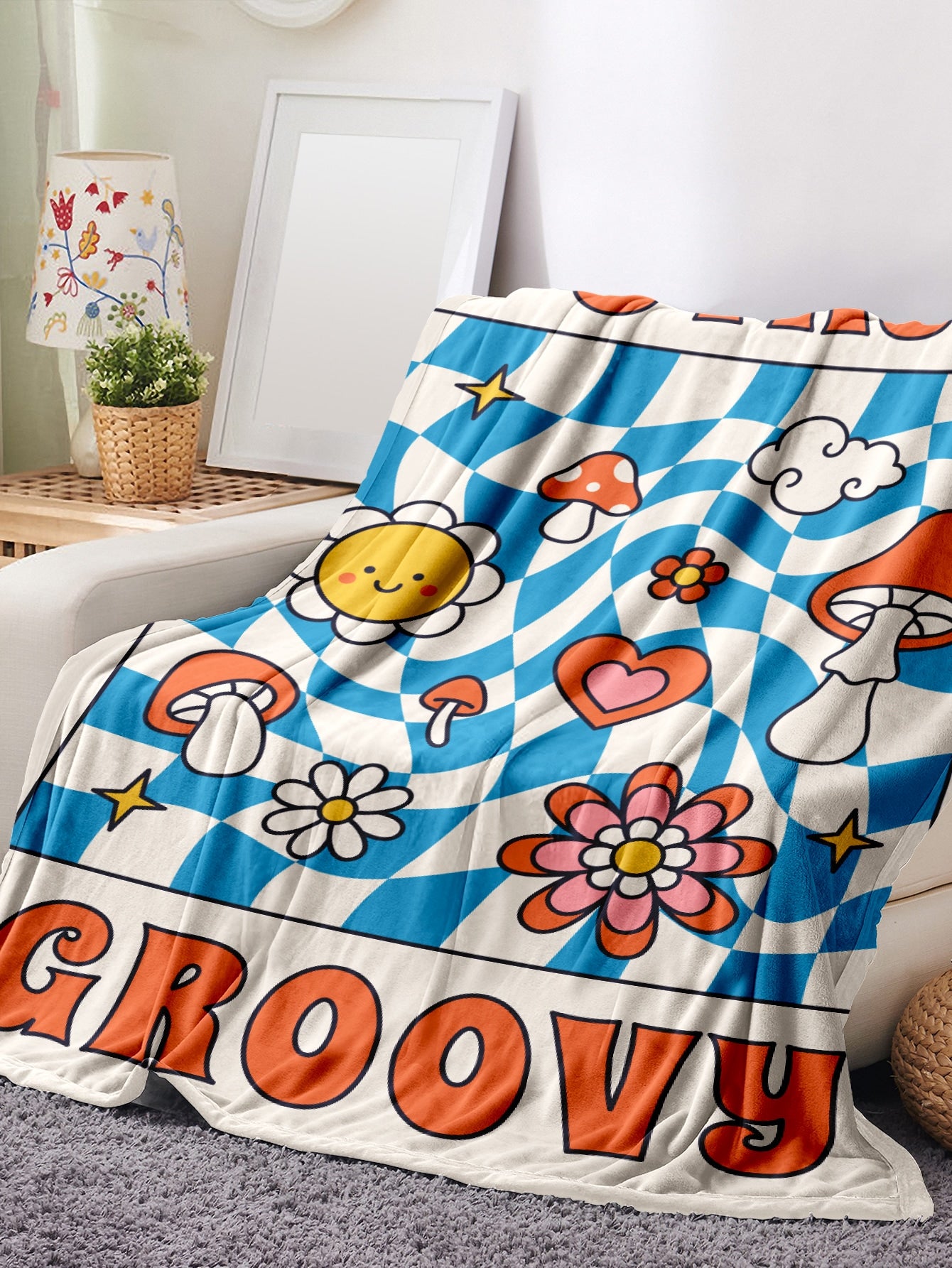 Stay Groovy Blanket Gift Flower & Mushroom Pattern Flannel Blanket Grove ShopOnlyDeal