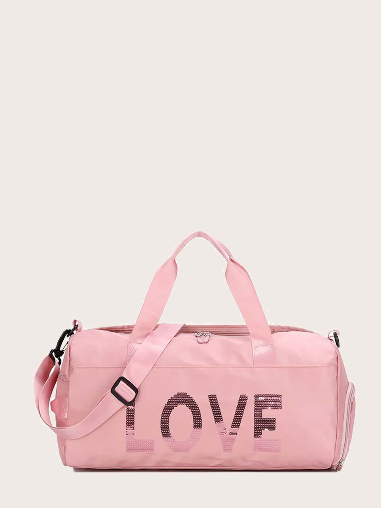 Pink Duffle Bag Love Sports Sequin Letter Decor Duffel Bag ShopOnlyDeal