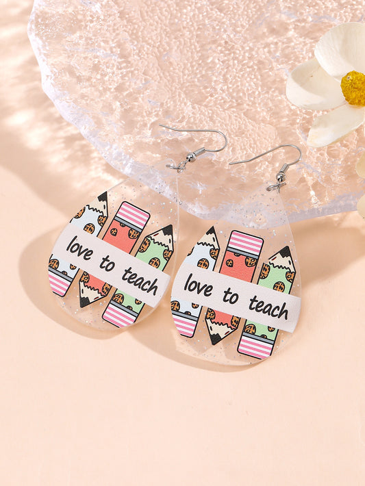 Fashionable Pencil & Letter Graphic Water Drop Earrings For Women For Teacher's Day Gift ShopOnlyDeal