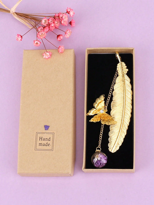 Gold Color Butterfly & Faux Feather Design Bookmark, Creative Portable Page Marker For Student Teacher Reading ShopOnlyDeal