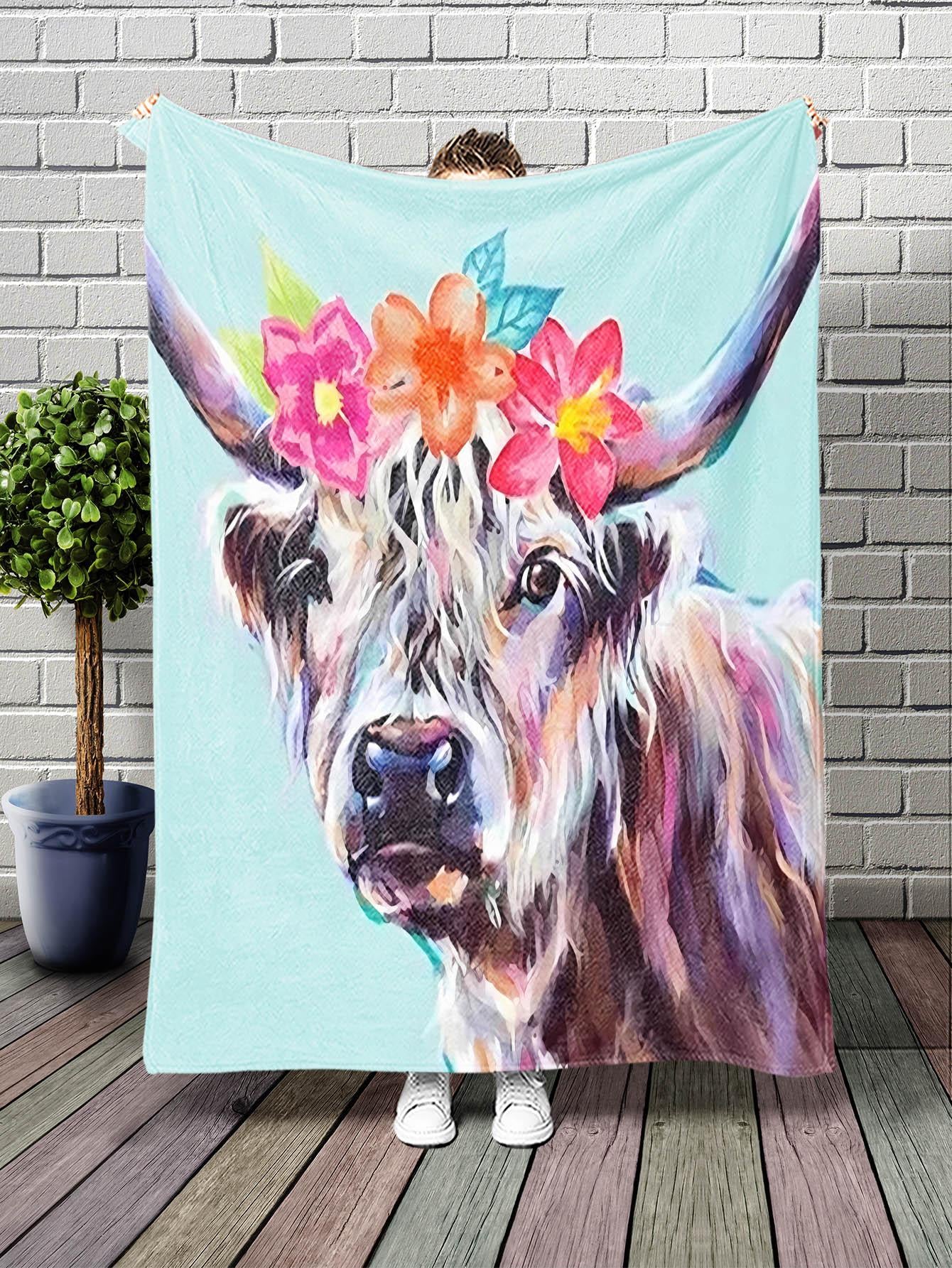 Highland Cow Print & Sunflower Pattern Blanket, Modern Knitted Fabric Blanket For Living Room & Bedroom, Home Decor ShopOnlyDeal