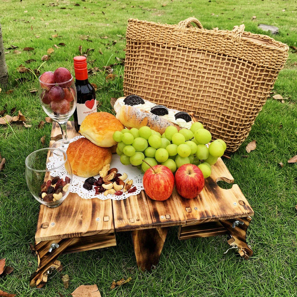 Wooden Folding Picnic Table, Wooden Outdoor Folding Picnic Basket Table, With Wine Glass Holder, 2-in-1 Picnic Table Convertible Storage Wooden Basket For Picnic Outdoor On The Beach Park ShopOnlyDeal