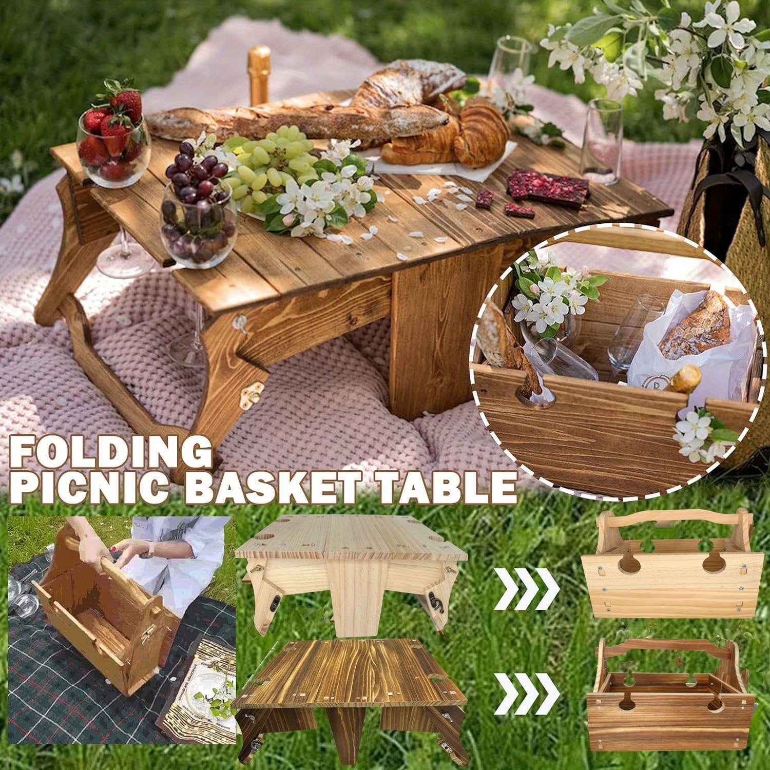 Wooden Folding Picnic Table, Wooden Outdoor Folding Picnic Basket Table, With Wine Glass Holder, 2-in-1 Picnic Table Convertible Storage Wooden Basket For Picnic Outdoor On The Beach Park ShopOnlyDeal