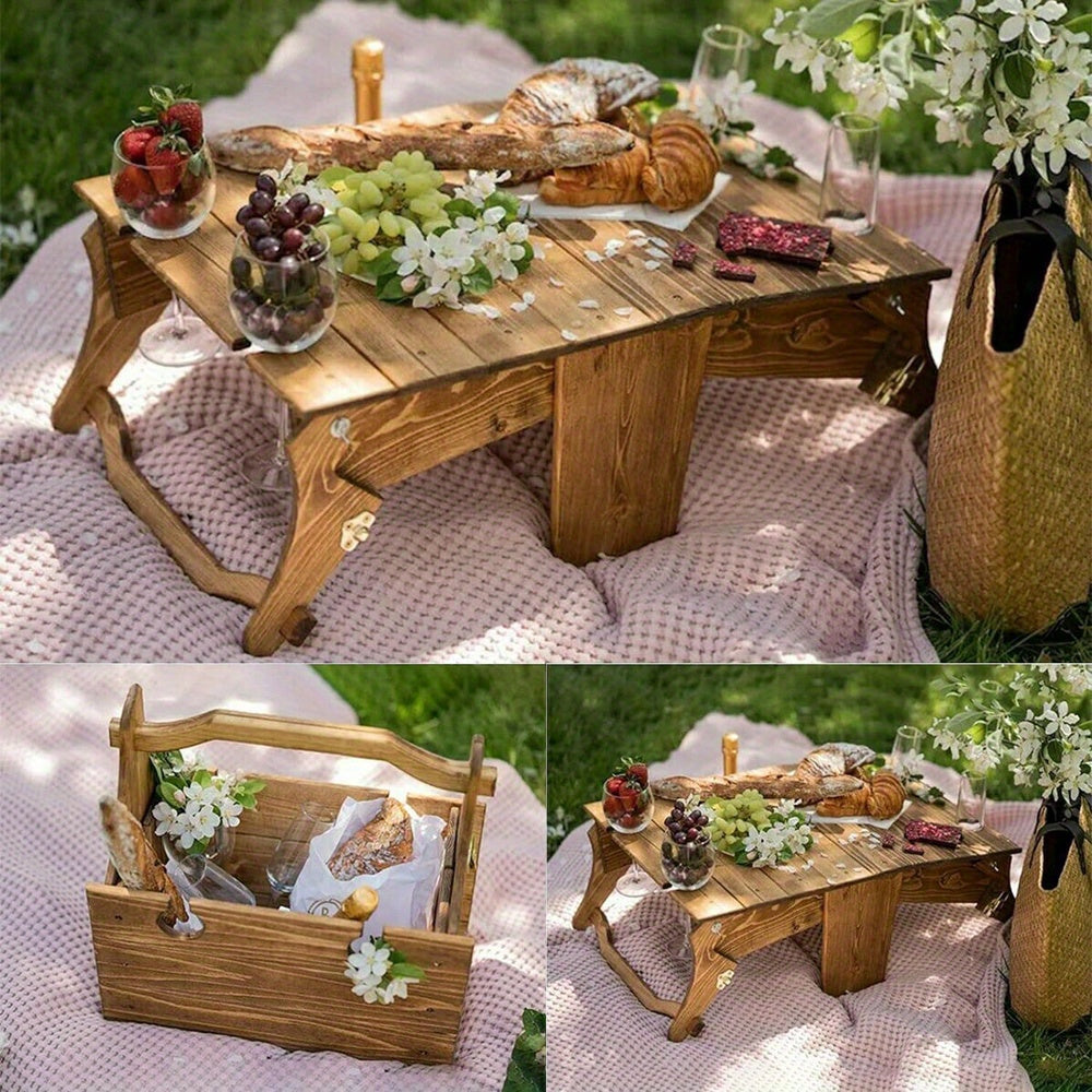 Wooden Folding Picnic Table, Wooden Outdoor Folding Picnic Basket Table, With Wine Glass Holder, 2-in-1 Picnic Table Convertible Storage Wooden Basket For Picnic Outdoor On The Beach Park ShopOnlyDeal