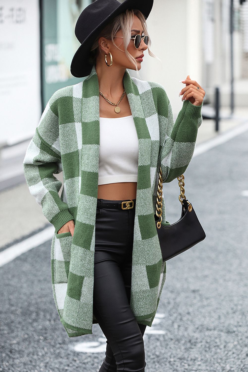 Plaid Dropped Shoulder Cardigan with Pocket Trendsi