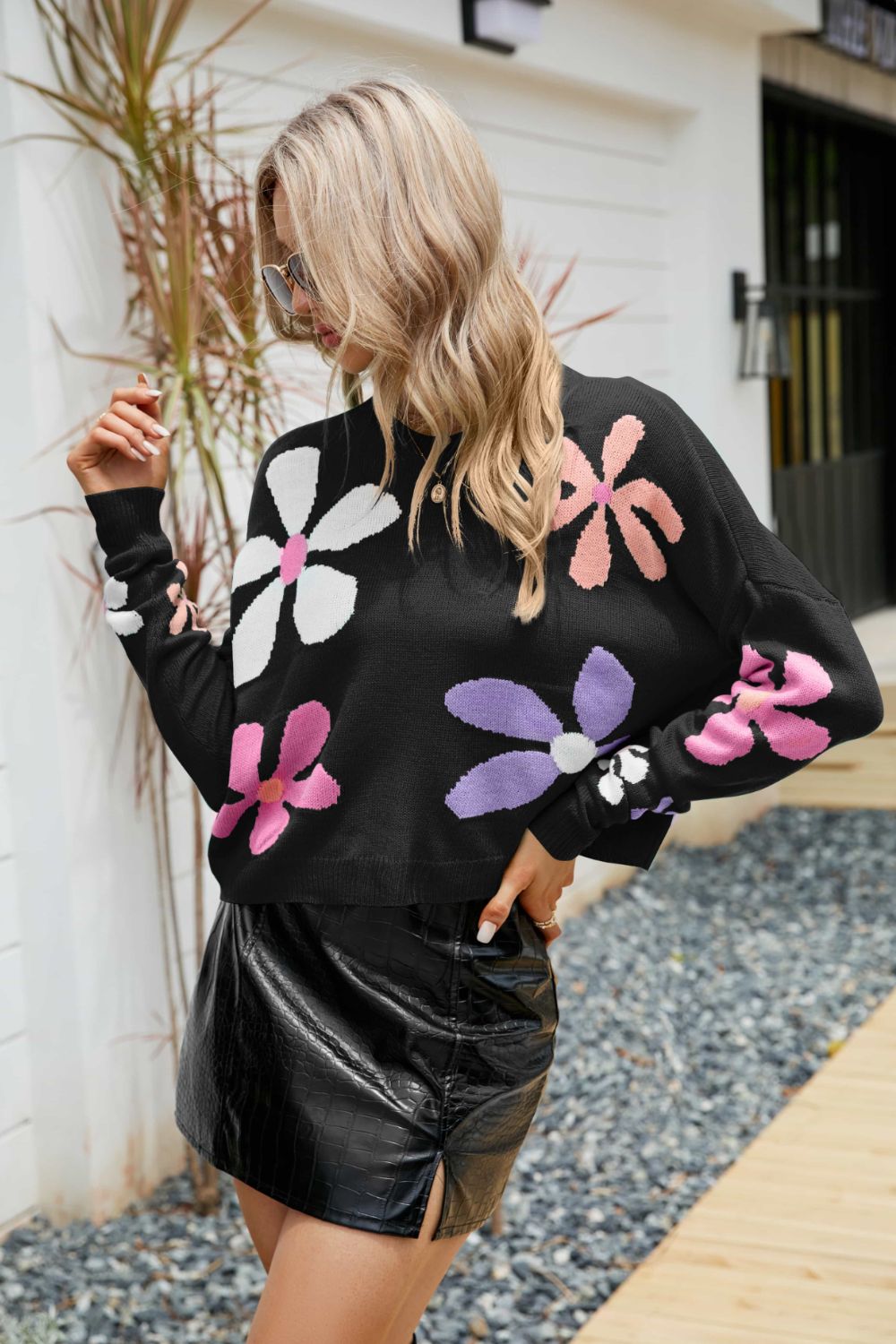 Floral Dropped Shoulder Ribbed Trim Sweater Trendsi