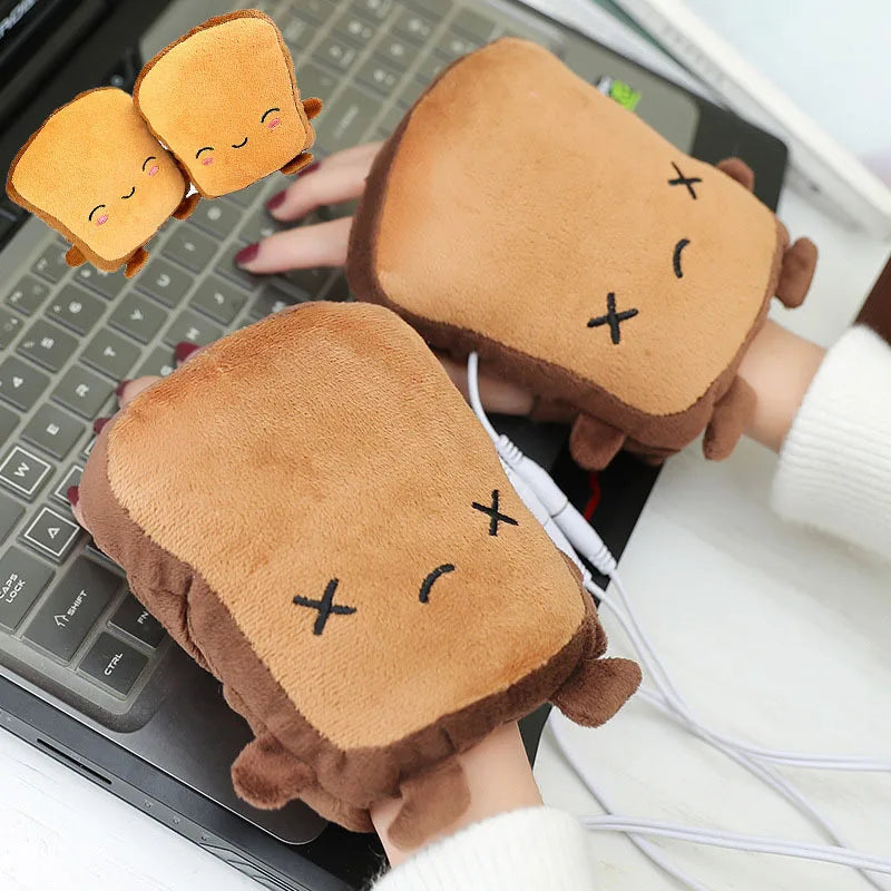 1Pair USB Cute Panda Toast Shape Warm Gloves Heated Hand Warmer Heating Half Finger Winter Warm Gloves For Office Christmas Gift ShopOnlyDeal