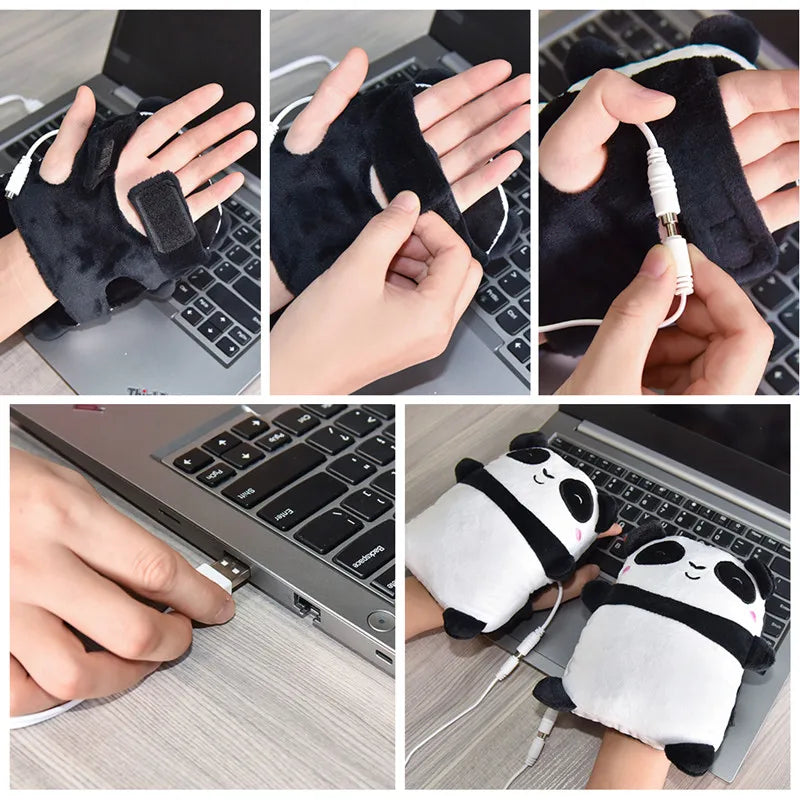 1Pair USB Cute Panda Toast Shape Warm Gloves Heated Hand Warmer Heating Half Finger Winter Warm Gloves For Office Christmas Gift ShopOnlyDeal