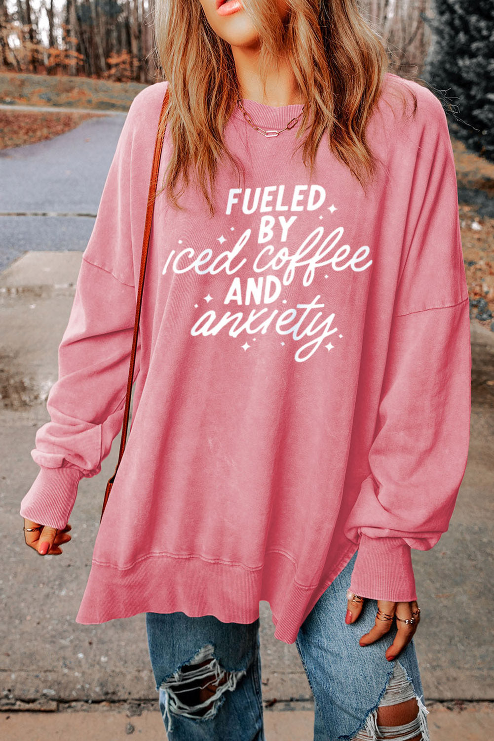 Slogan Graphic Dropped Shoulder Slit Sweatshirt Trendsi