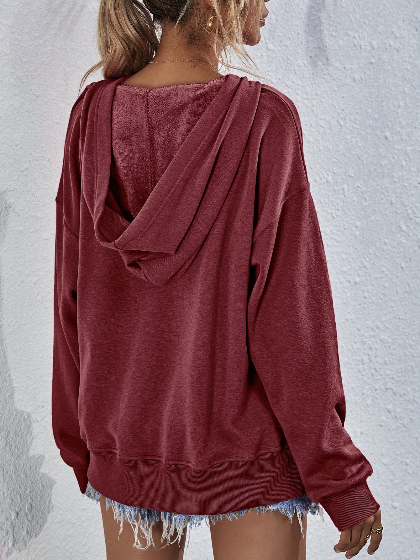 Dropped Shoulder Slit Hoodie Pink ShopOnlyDeal