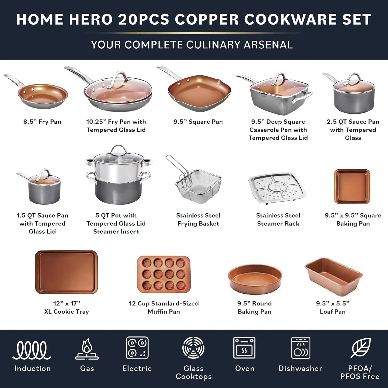 20 Pcs Pots and Pans Set Non Stick - All-In-One Induction Copper Cookware Set + Bakeware Set - Ceramic Coating ShopOnlyDeal