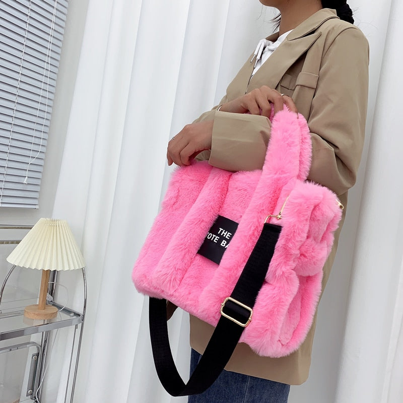 2022 Designer Faux Fur Tote Bag for Women Luxury Handbags Autumn Winter Plush Shoulder Crossbody Bags Brand Shopper Purses New ShopOnlyDeal