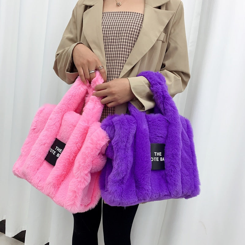 2022 Designer Faux Fur Tote Bag for Women Luxury Handbags Autumn Winter Plush Shoulder Crossbody Bags Brand Shopper Purses New ShopOnlyDeal