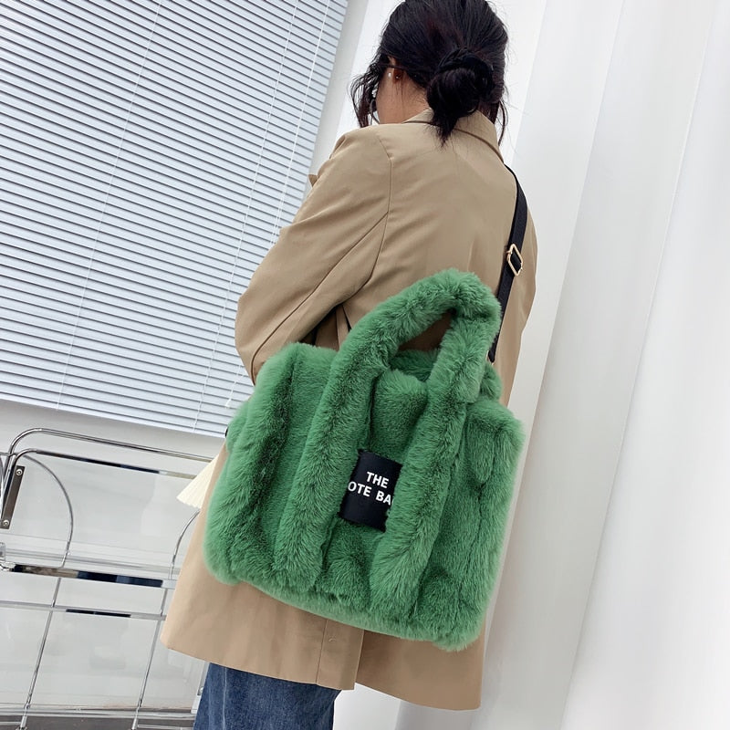 2022 Designer Faux Fur Tote Bag for Women Luxury Handbags Autumn Winter Plush Shoulder Crossbody Bags Brand Shopper Purses New ShopOnlyDeal