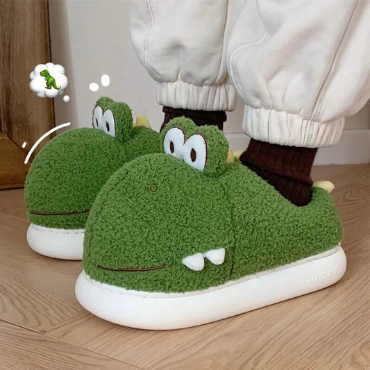 Dinosaur Slippers 2023 Green Cute Women Fluffy Fur Fuzzy Slippers Platform Indoor Shoes Winter Kawaii Animal Foam Home Slides ShopOnlyDeal