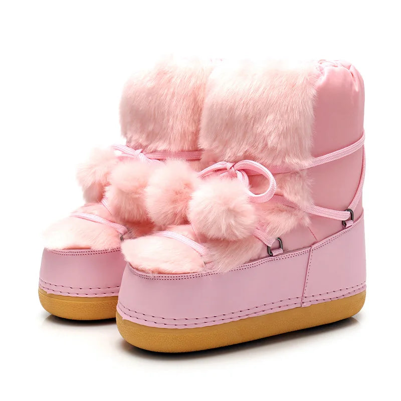 Winter Boots Women Snow Boots Brand Fluffy Thick Fur Lace Up Black Pink Platform Non-Slip Waterproof Ski Boots VEINIHI Linda Love Shoes Store
