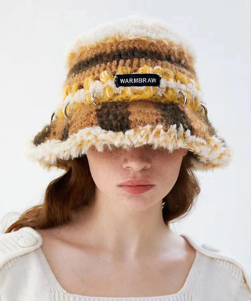 Handmade Wool Stripe Retro Crochet Cap Handmade hook flower Hats fur Warm Knitting Genuine Cap Korean hat Women Luxury Panama Hat ShopOnlyDeal