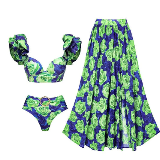 2024 New 3pieces Sets Beachwear for Women Ruffle Strap Push Up Biqunis +Bohemian Dresses Floral Printed Swimwear Monokini ShopOnlyDeal