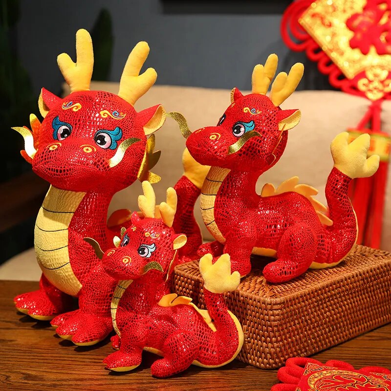 Cartoon Zodiac Dragon Year 2024 New Mascot Red Chinese Dragon Plush Toys Soft Stuffed Anime Animal Dinosaur Doll New Years Decor ShopOnlyDeal