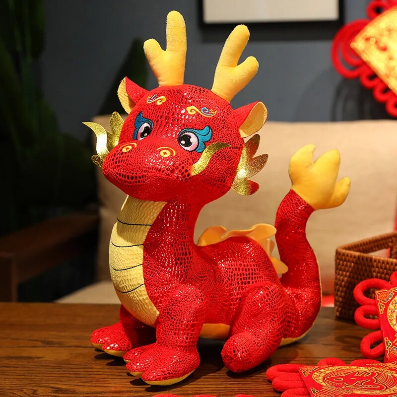 Cartoon Zodiac Dragon Year 2024 New Mascot Red Chinese Dragon Plush Toys Soft Stuffed Anime Animal Dinosaur Doll New Years Decor ShopOnlyDeal