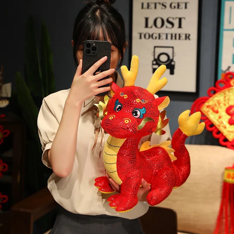 Cartoon Zodiac Dragon Year 2024 New Mascot Red Chinese Dragon Plush Toys Soft Stuffed Anime Animal Dinosaur Doll New Years Decor ShopOnlyDeal