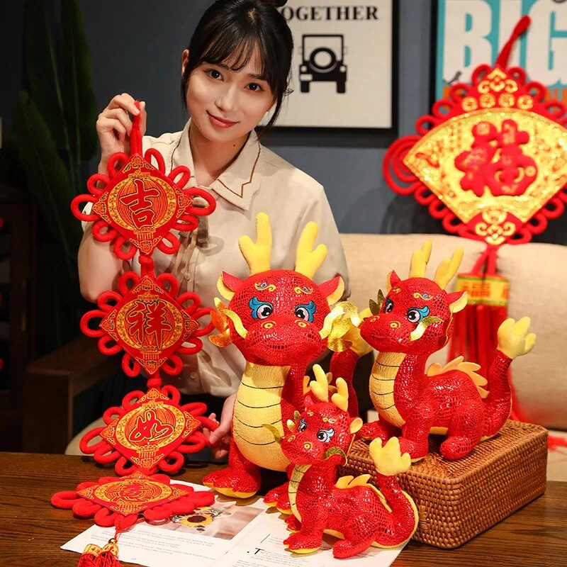 Cartoon Zodiac Dragon Year 2024 New Mascot Red Chinese Dragon Plush Toys Soft Stuffed Anime Animal Dinosaur Doll New Years Decor ShopOnlyDeal