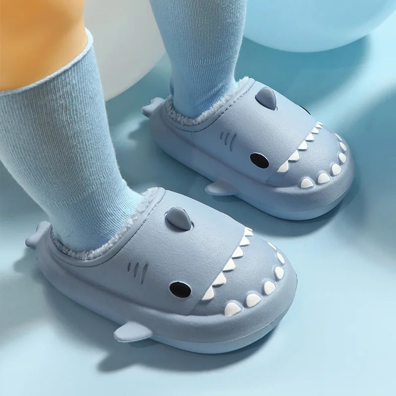 2024 New Kids Winter Slippers Children Cartoon Shark Home Slides Couples Indoor Waterproof Thick Bottom Warm Plush Slippers ShopOnlyDeal