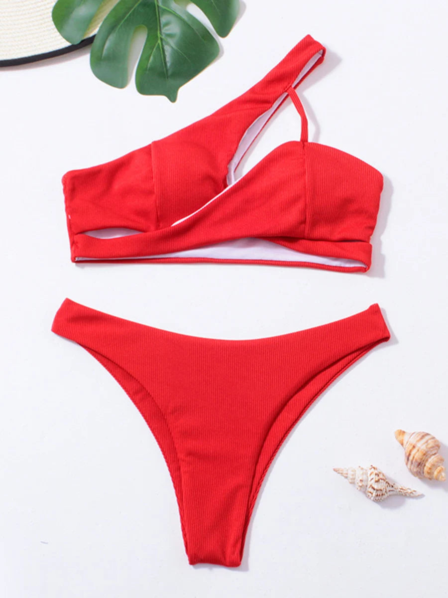 2024 Rib One Shoulder Bikini Set Thong Swimsuit Women Solid Padded Swimwear Female Sexy Bathing Suit Swimming Summer Beachwear ShopOnlyDeal