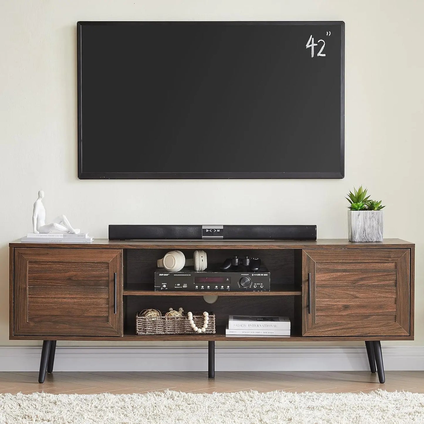 21" H Mid Century Modern TV Stand, Wood TV Stand with Storage Cabinet and Open Shelf for Televisions up to 65", 59”Wx15.5”Dx21”H ShopOnlyDeal