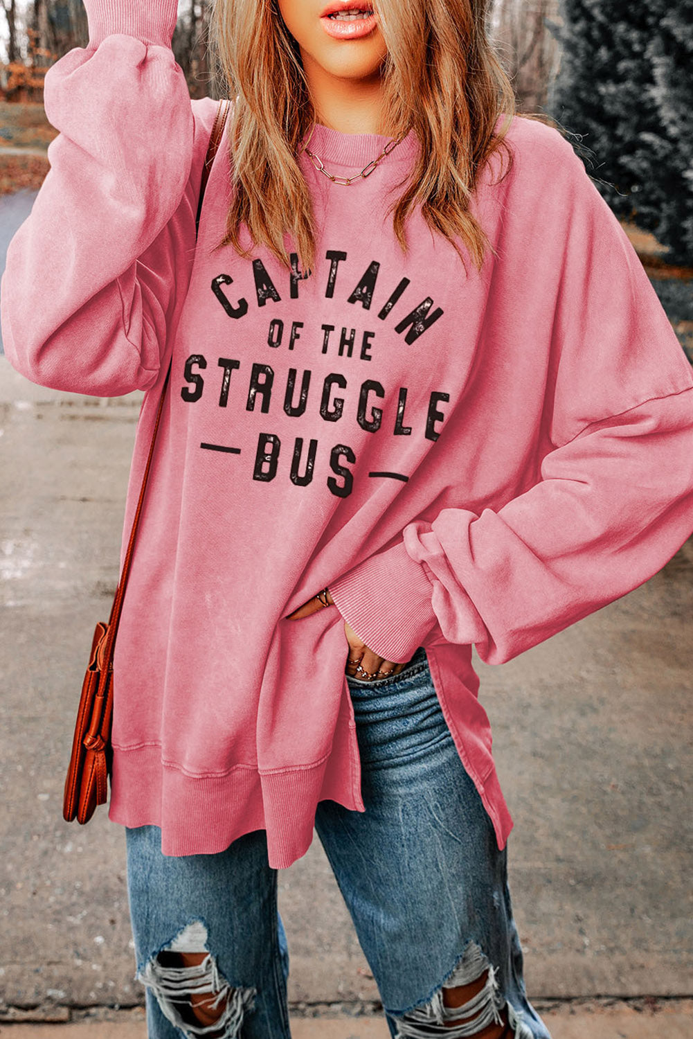 Slogan Graphic Dropped Shoulder Slit Sweatshirt Trendsi