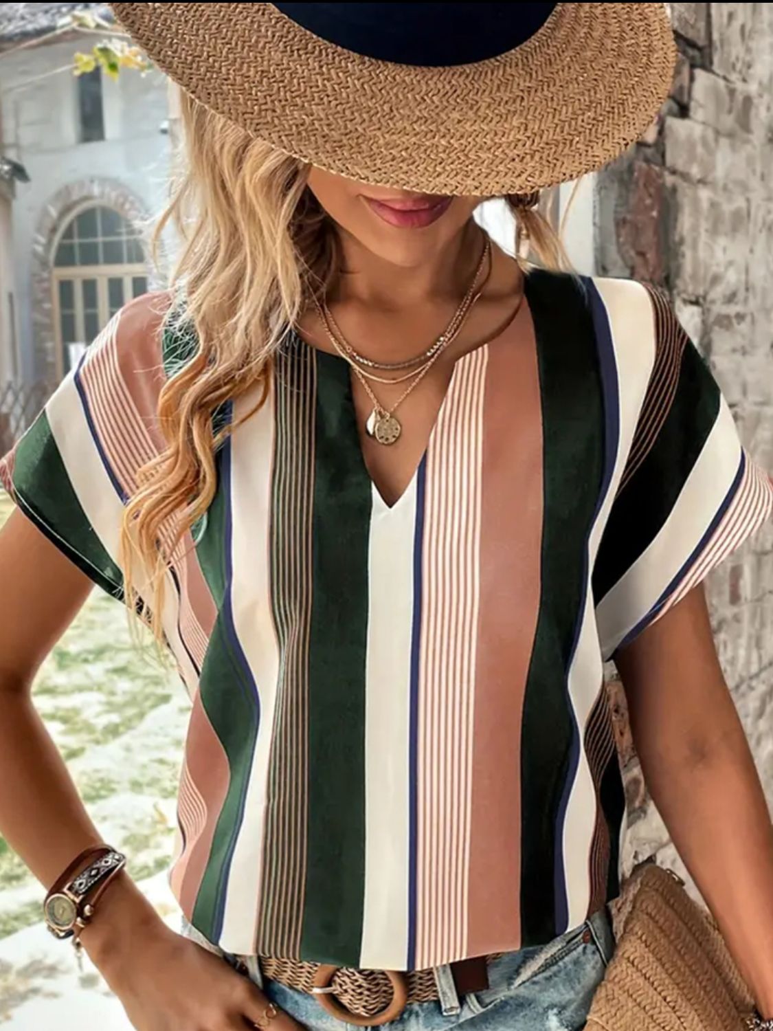 Striped Notched Neck Short Sleeve Blouse Trendsi