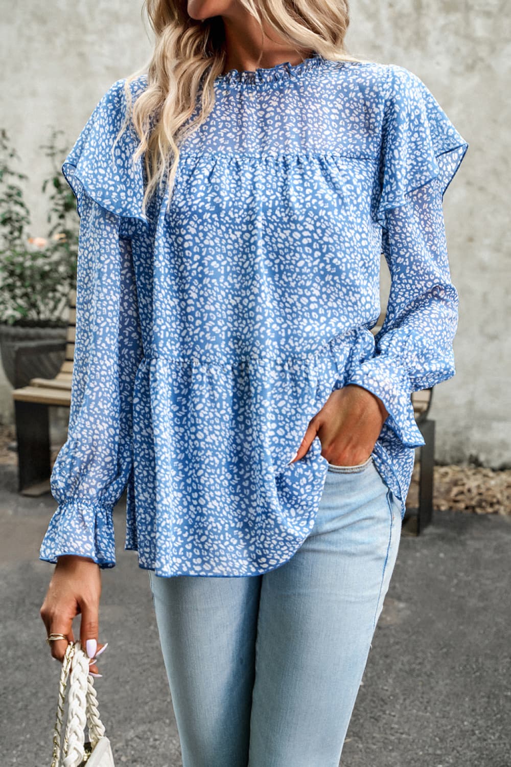 Printed Round Neck Flounce Sleeve Blouse Trendsi