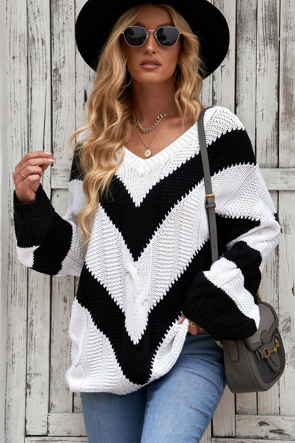 Woven Right Chevron Cable-Knit V-Neck Tunic Sweater ShopOnlyDeal