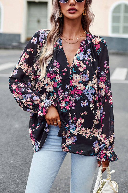 Floral Print Flounce Sleeve Blouse Trendsi