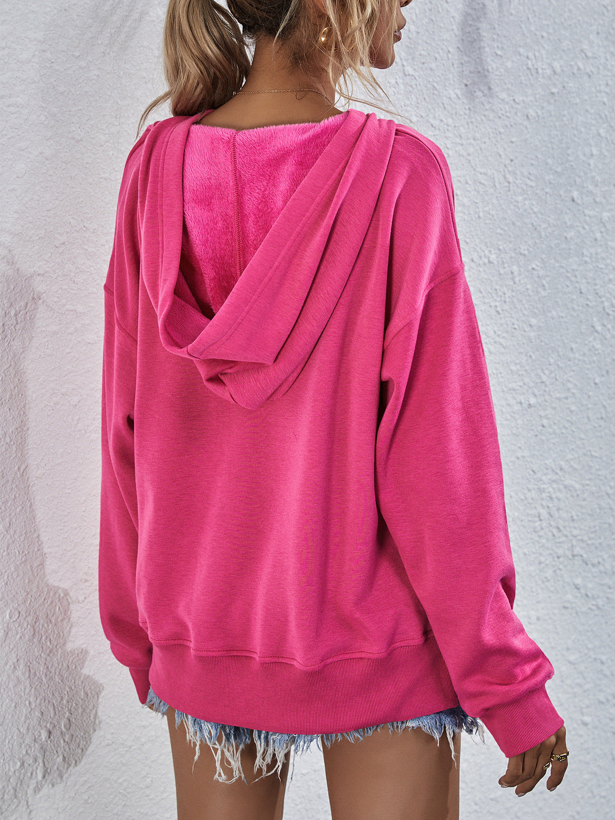 Dropped Shoulder Slit Hoodie Pink ShopOnlyDeal