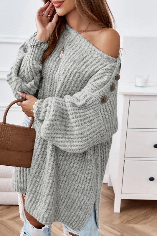 Buttoned Boat Neck Slit Sweater Trendsi