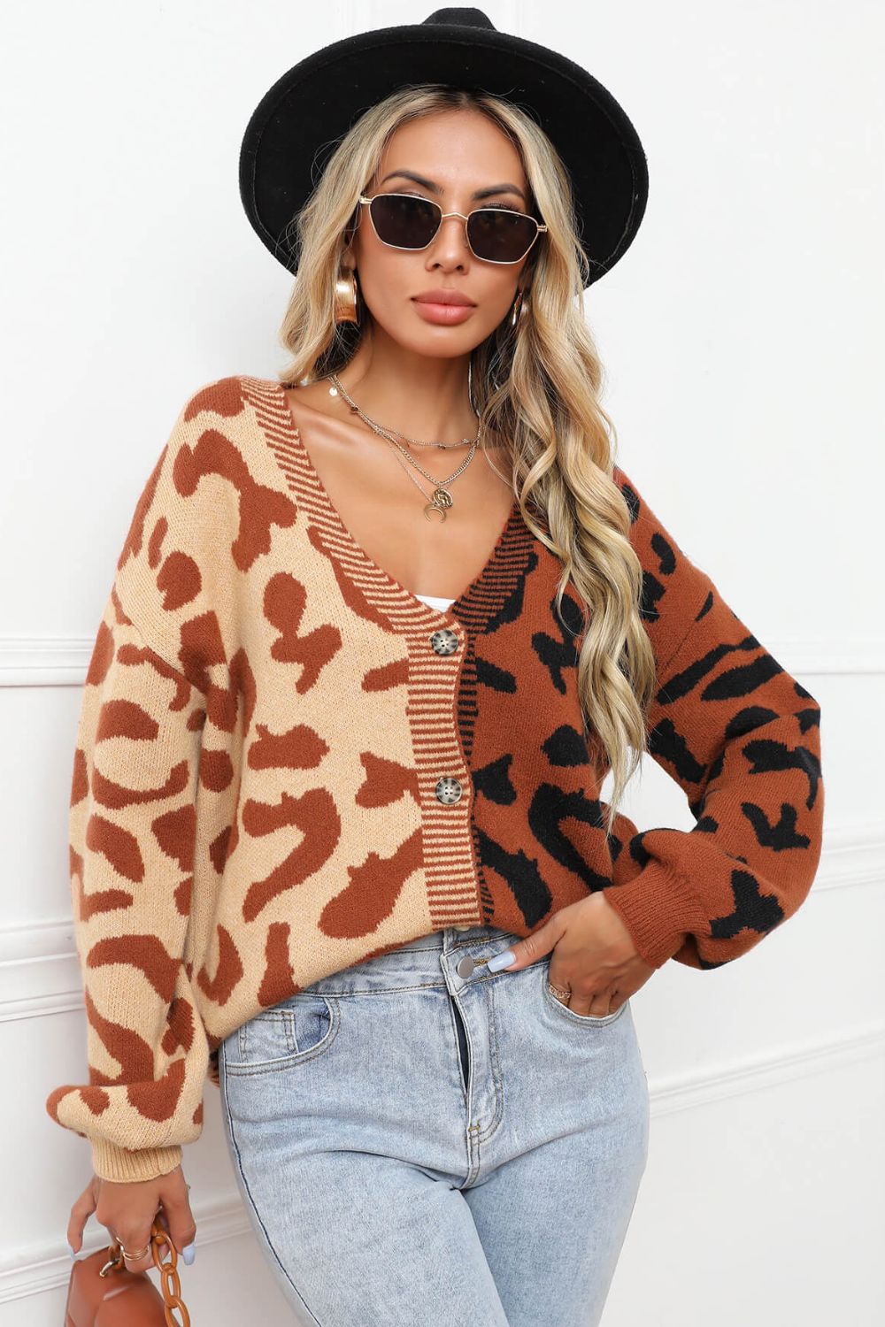 Leopard Button Front Ribbed Trim Cardigan Trendsi